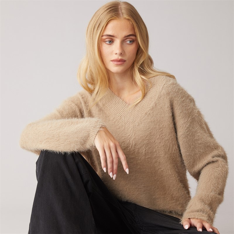 Brave Soul Womens Brent Fluffy V-Neck Jumper Mink