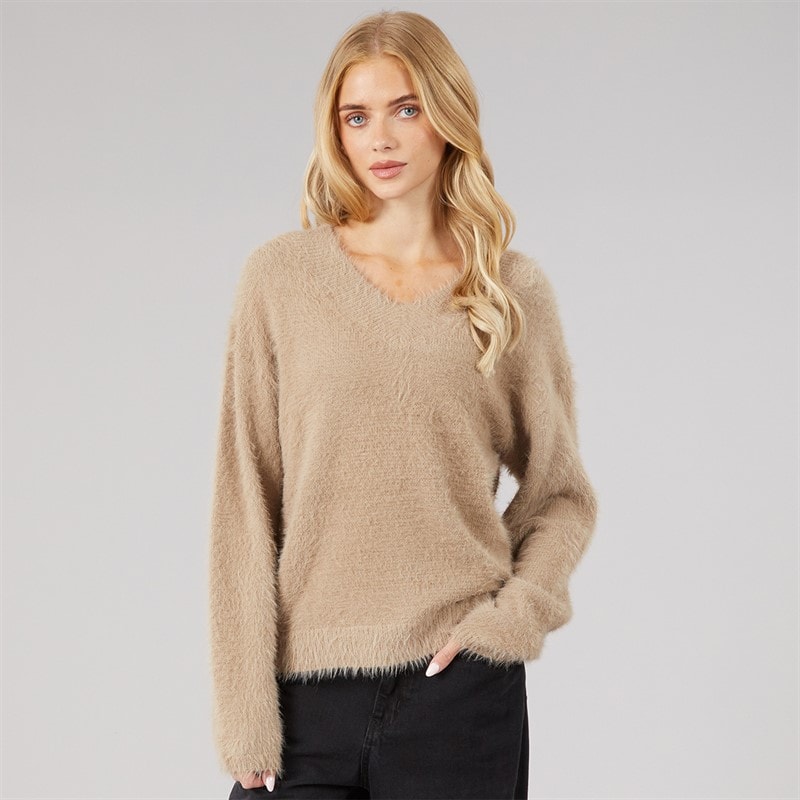 Womens Brent Fluffy V-Neck Jumper Mink - Image 3