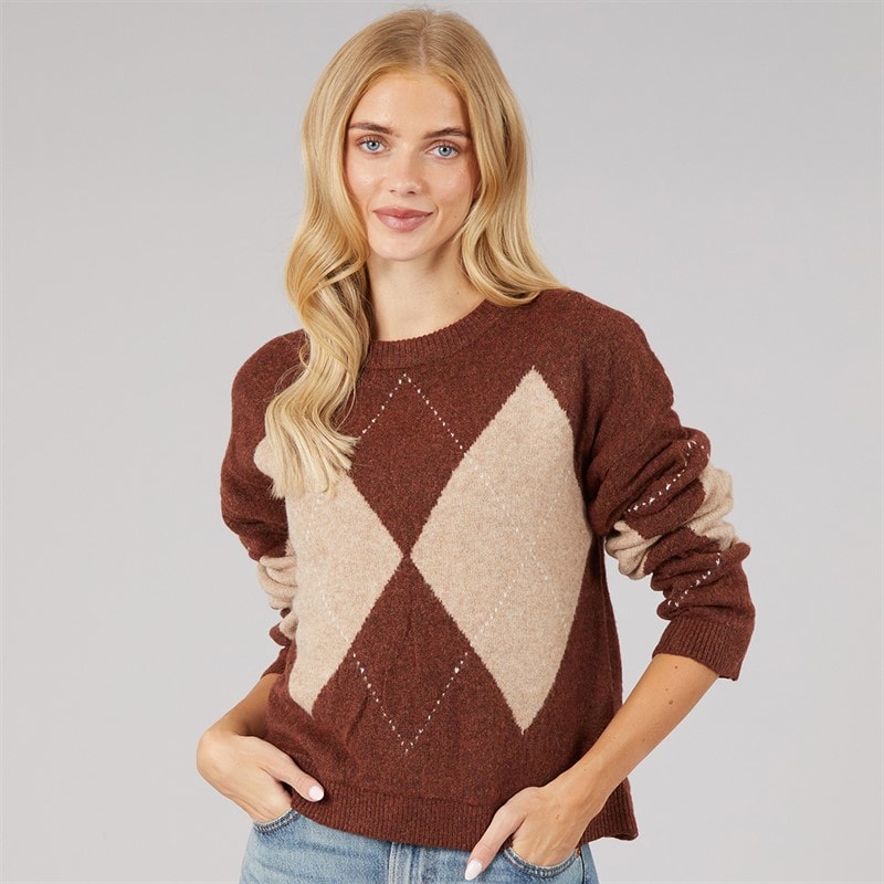Womens Heritage Crew Neck Knitted Jumper Brown/Multi - Image 3