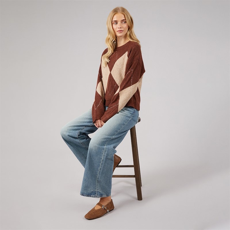 Womens Heritage Crew Neck Knitted Jumper Brown/Multi - Image 4