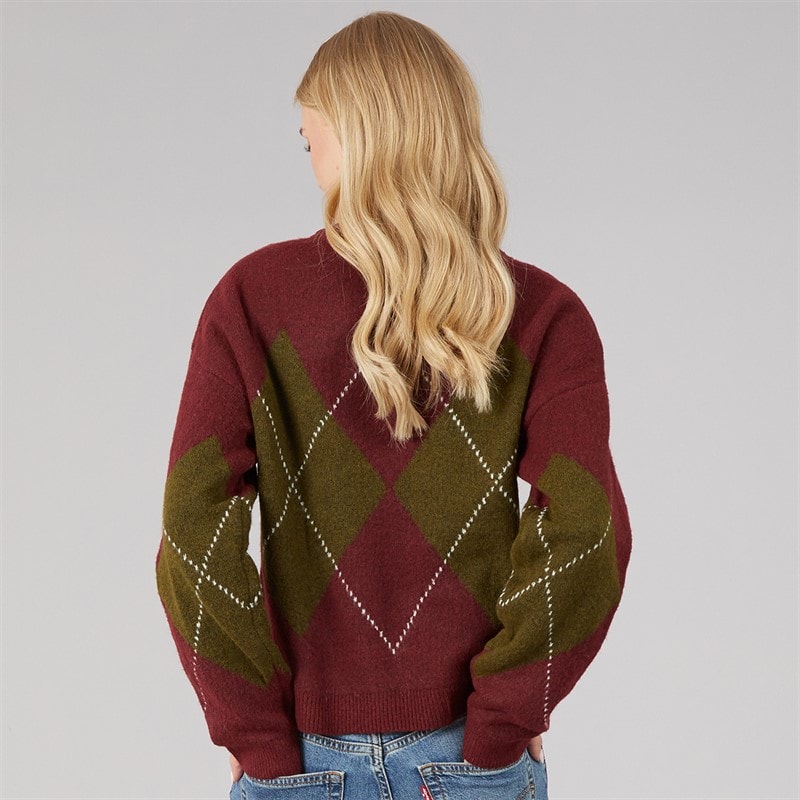 Womens Heritage Crew Neck Knitted Jumper Wine/Multi - Image 2