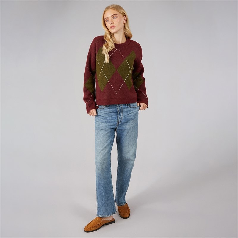 Womens Heritage Crew Neck Knitted Jumper Wine/Multi - Image 3