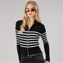 Womens Zip Through Stripe Cardigan Black/White