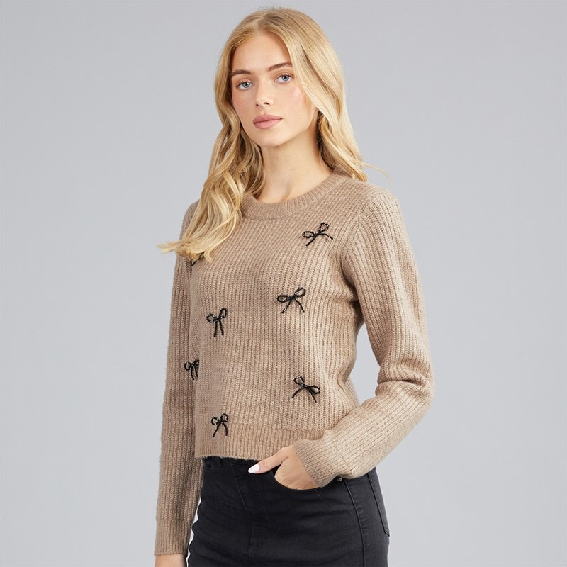 Womens Pretty Fisherman Crew Neck Jumper Mink/Black Bows - Image 3