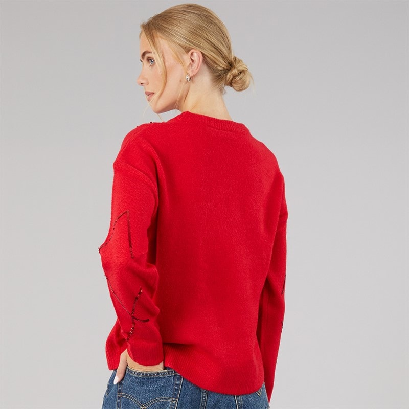 Womens Sequin Crew Neck Jumper Red - Image 2