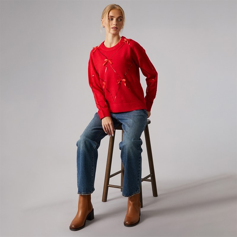 Womens Sequin Crew Neck Jumper Red - Image 3