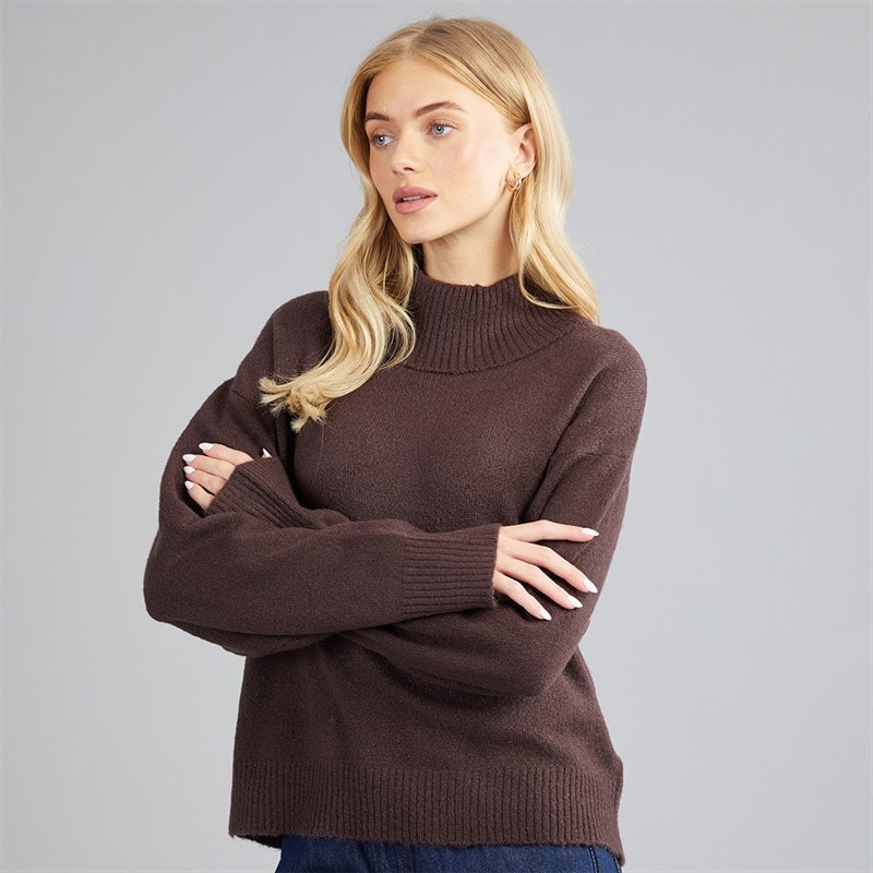 Brave Soul Womens Mossy Roll Neck Jumper Bitter Chocolate