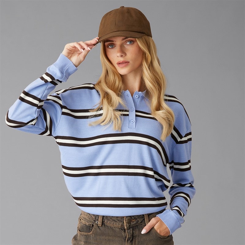 Brave Soul Womens Jerico Knitted Polo Shirt Light. Blue/Brown/Ivory Light Blue/Brown/Ivory