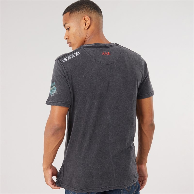 Mens Oshima Crew Neck Short Sleeve Printed T-Shirt Jet Black Acid Wash/Multi Colour Print - Image 2