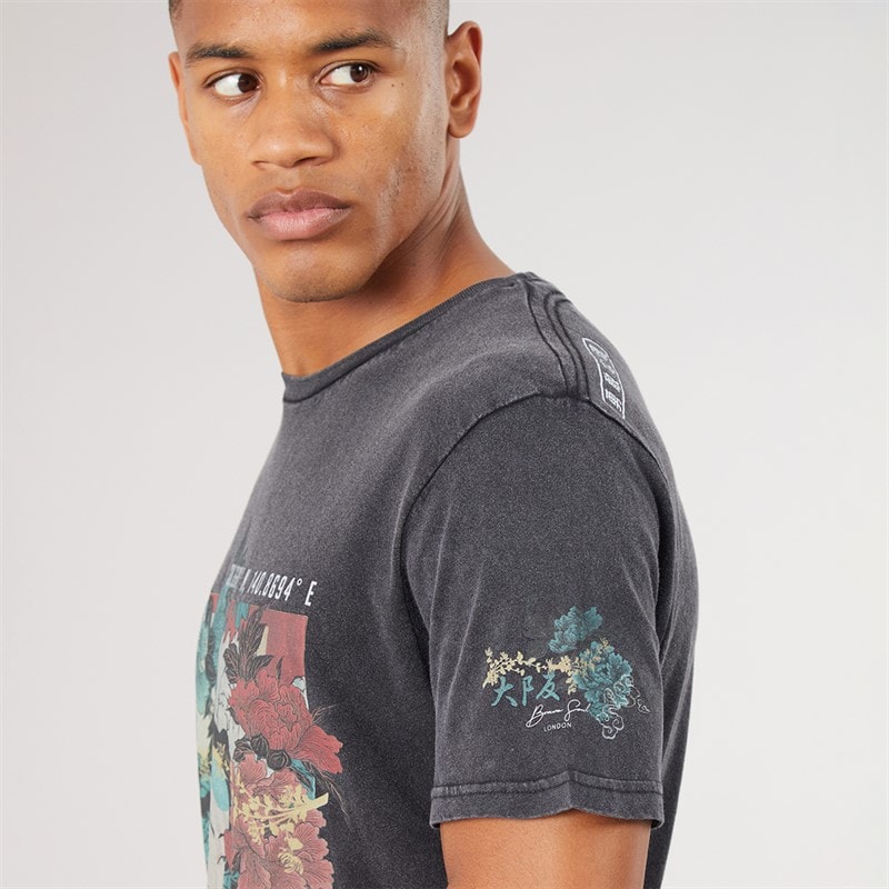 Mens Oshima Crew Neck Short Sleeve Printed T-Shirt Jet Black Acid Wash/Multi Colour Print - Image 3