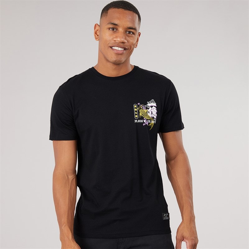 Mens Hasedara Crew Neck Short Sleeve T-Shirt Jet Black/Multi Colour Print - Image 2