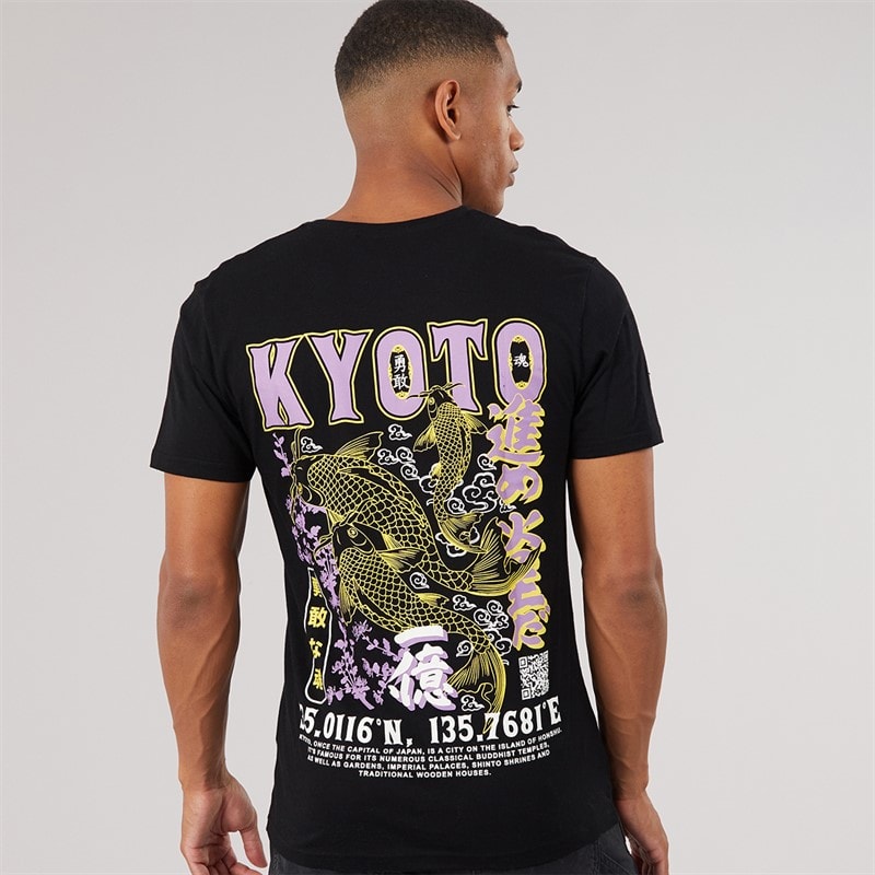 Mens Hasedara Crew Neck Short Sleeve T-Shirt Jet Black/Multi Colour Print - Image 3