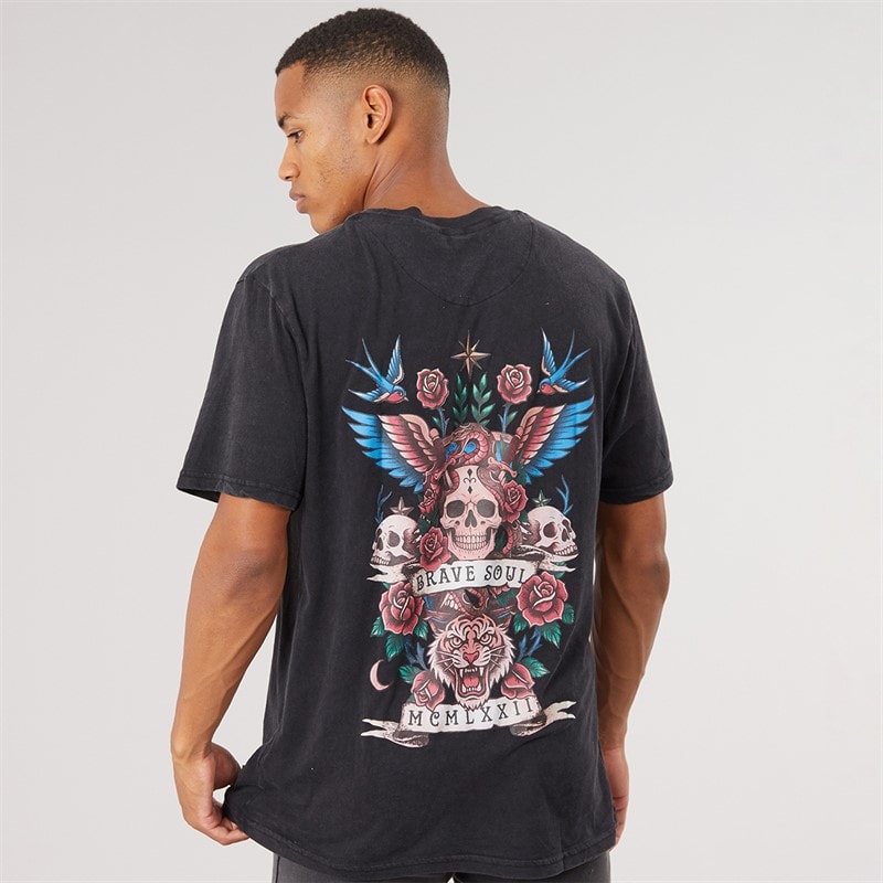 Mens Molloy Relaxed Fit Crew Neck T-Shirt Black Acid Wash/Multi Colour Print - Image 2