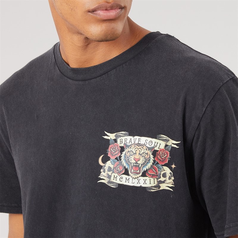 Mens Molloy Relaxed Fit Crew Neck T-Shirt Black Acid Wash/Multi Colour Print - Image 3