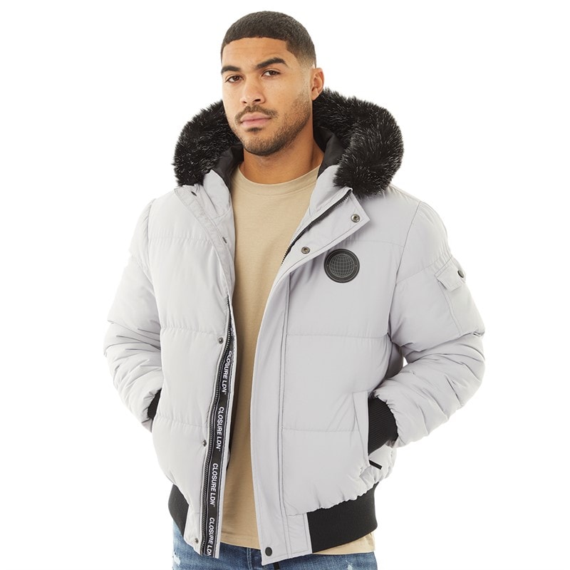 Closure London Mens Fur Hood Puffer Jacket Ice Grey