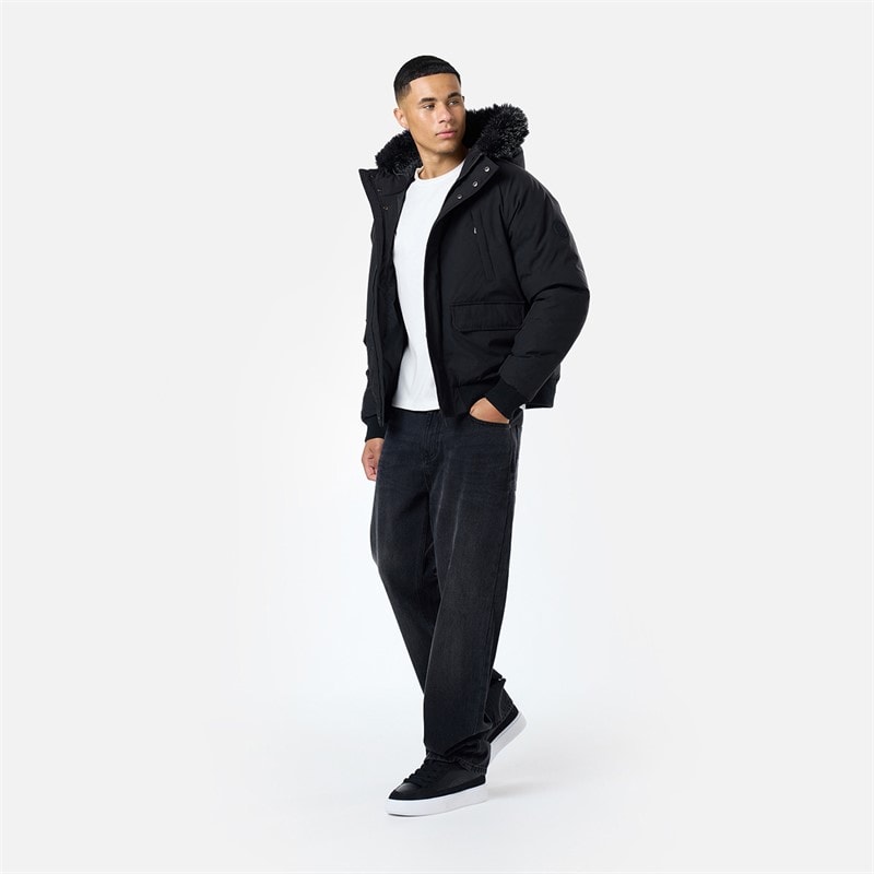 Mens Fur Hooded Coat Black - Image 2