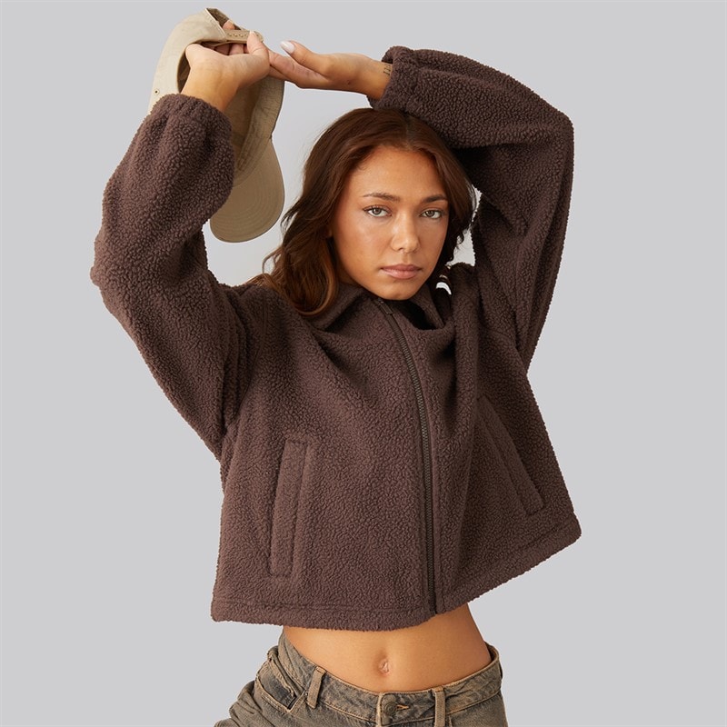 Womens Collared Borg Jacket Chocolate - Image 1