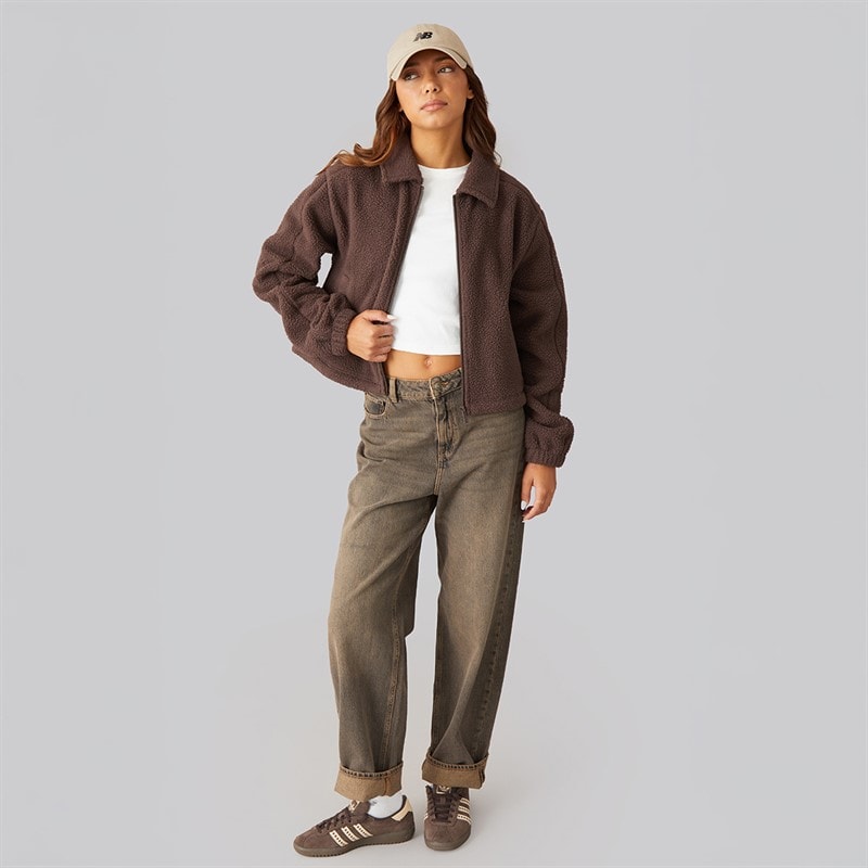Womens Collared Borg Jacket Chocolate - Image 4
