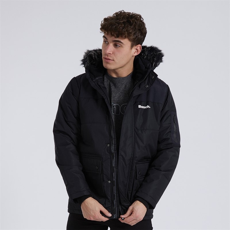 Mens Tillor Fur Trim Hooded Padded Parka Black - Image 1