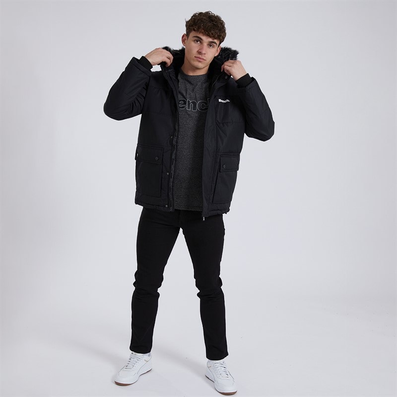 Mens Tillor Fur Trim Hooded Padded Parka Black - Image 3