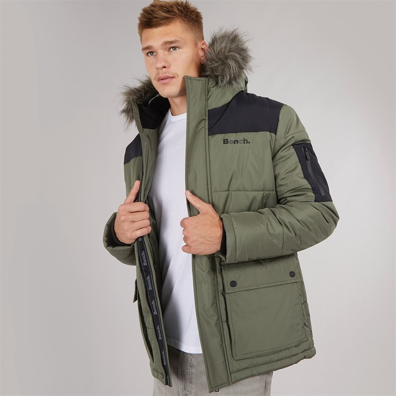Mens Tillor Fur Trim Hooded Padded Parka Khaki/Black - Image 1