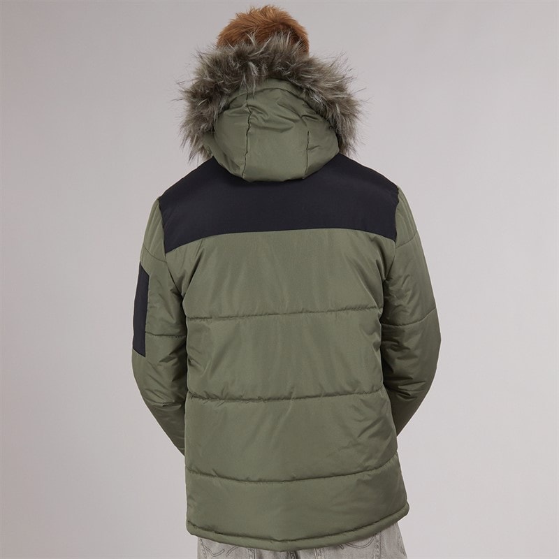Mens Tillor Fur Trim Hooded Padded Parka Khaki/Black - Image 2