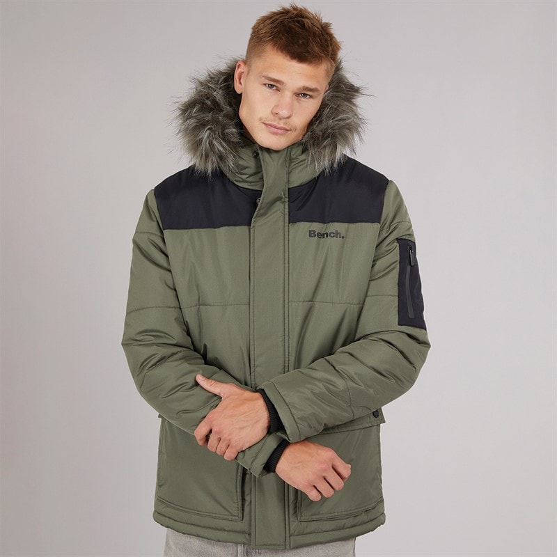 Mens Tillor Fur Trim Hooded Padded Parka Khaki/Black - Image 3