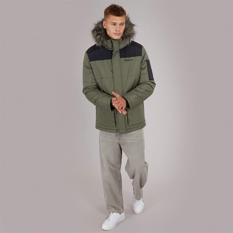 Mens Tillor Fur Trim Hooded Padded Parka Khaki/Black - Image 5