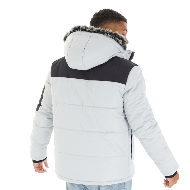 Mens Tillor Fur Trim Hooded Padded Parka Frost Grey - Image 2