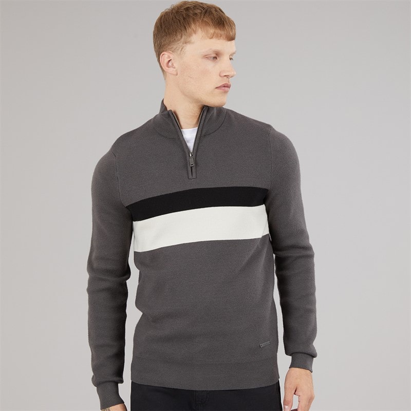 Mens Zabian 1/4 Zip Funnel Neck Knit Jumper Dark Grey - Image 3