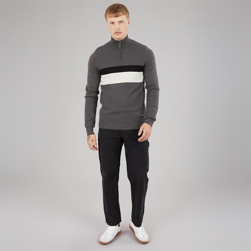Mens Zabian 1/4 Zip Funnel Neck Knit Jumper Dark Grey - Image 4