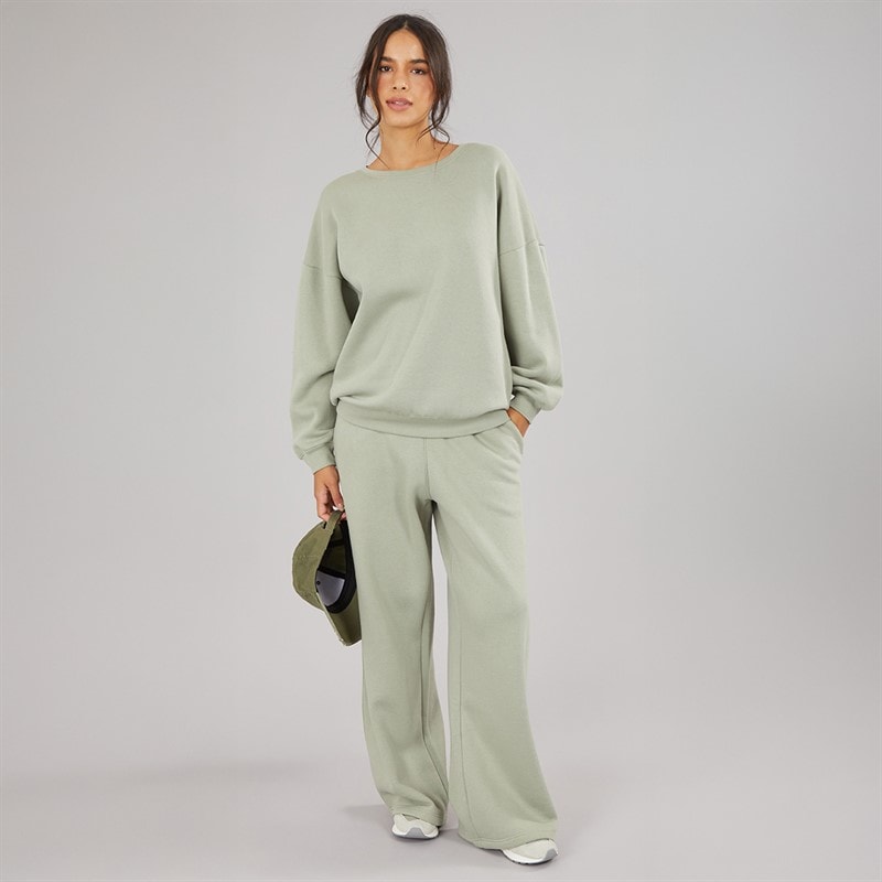 Womens Oversized Sweatshirt And Open Hem Joggers Olive Green - Image 3