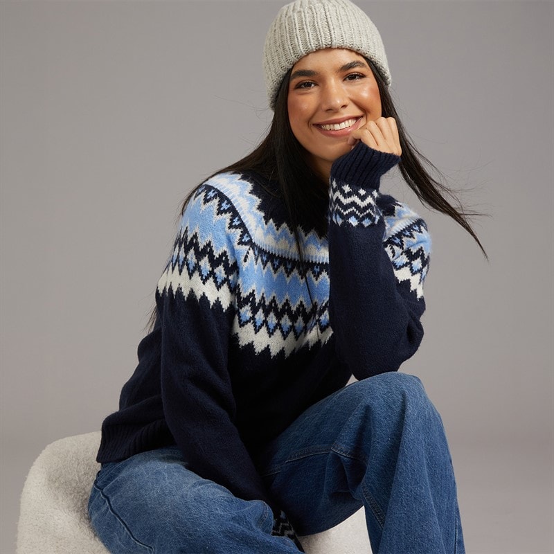 Womens Fairisle Crew Neck Jumper Navy/Blue/Ivory - Image 3