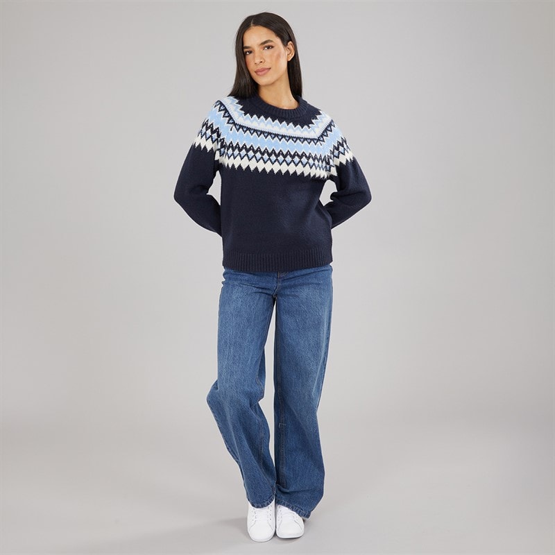 Womens Fairisle Crew Neck Jumper Navy/Blue/Ivory - Image 4