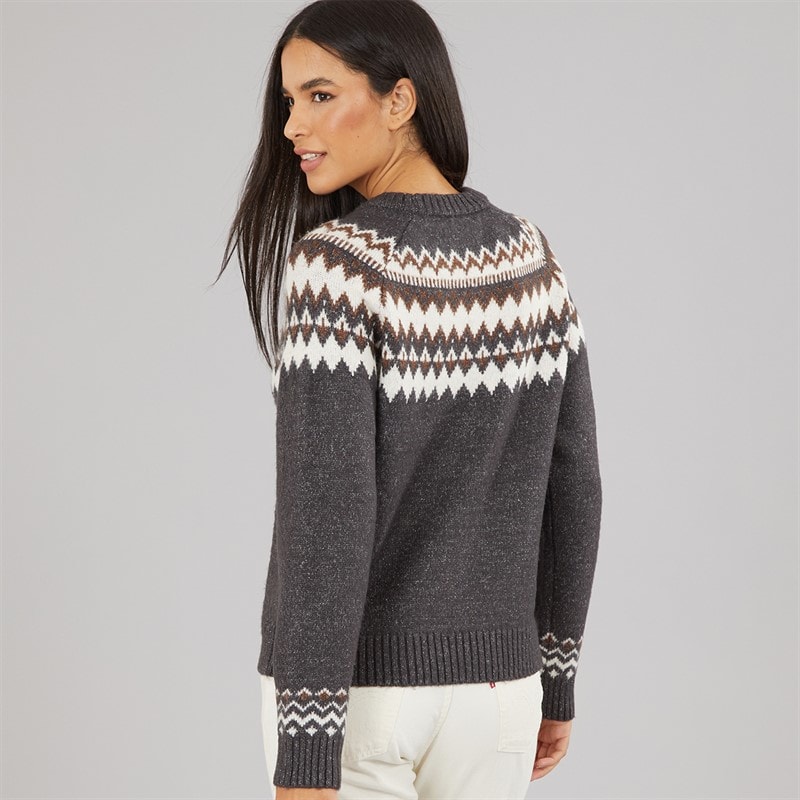 Womens Fairisle Crew Neck Sweater Mid Grey/Chocolate/Ivory - Image 2