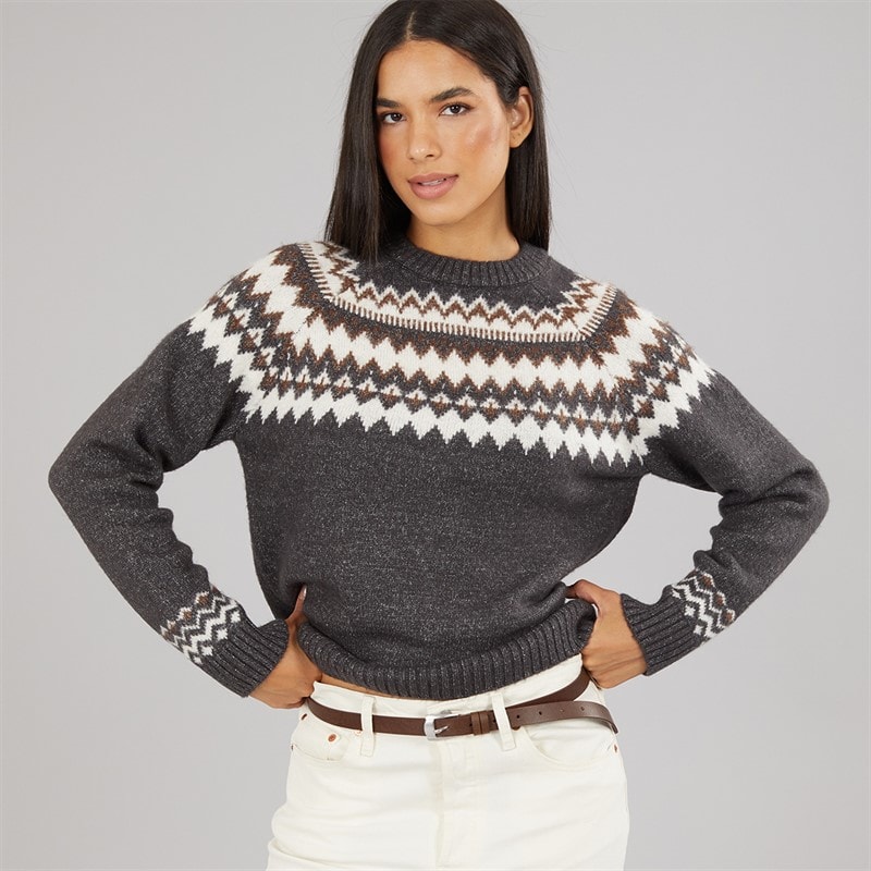 Womens Fairisle Crew Neck Sweater Mid Grey/Chocolate/Ivory - Image 3