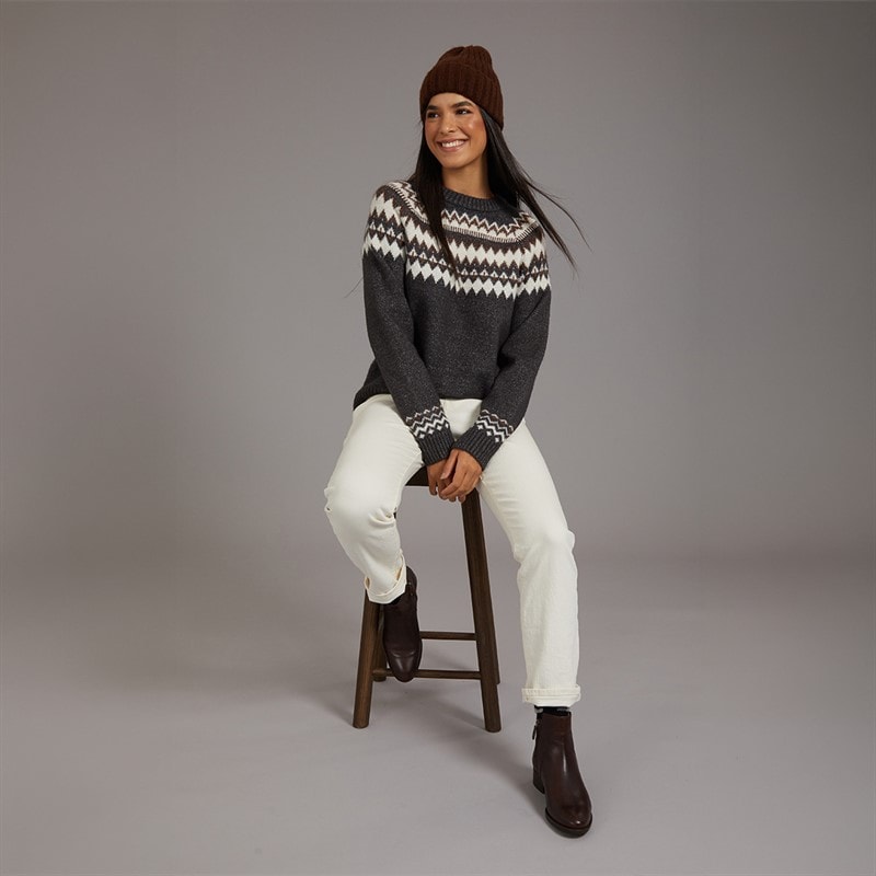 Womens Fairisle Crew Neck Sweater Mid Grey/Chocolate/Ivory - Image 4