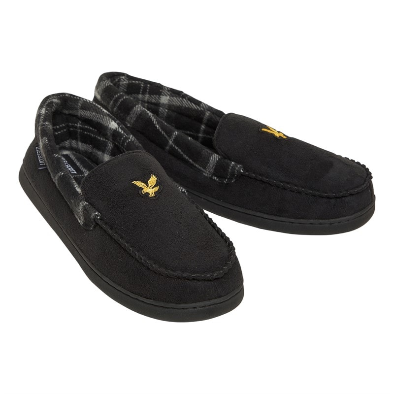 Mens Montague Moccasin Slippers Black/Grey Check - Image 1