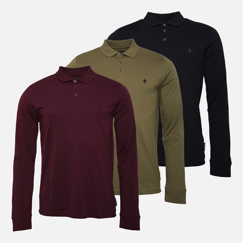 French Connection Mens Three Pack Long Sleeve Polo Shirts Multi - Marine/Khaki/Chateaux - Image 1