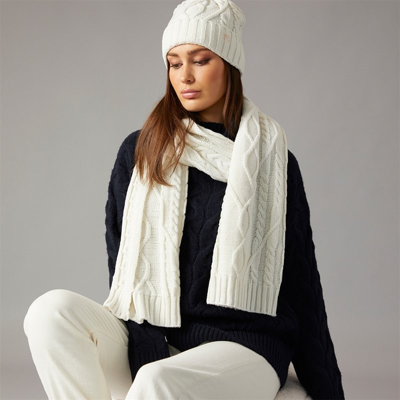 Womens Cable Scarf And Beanie Set Winter White/Camel - Image 2