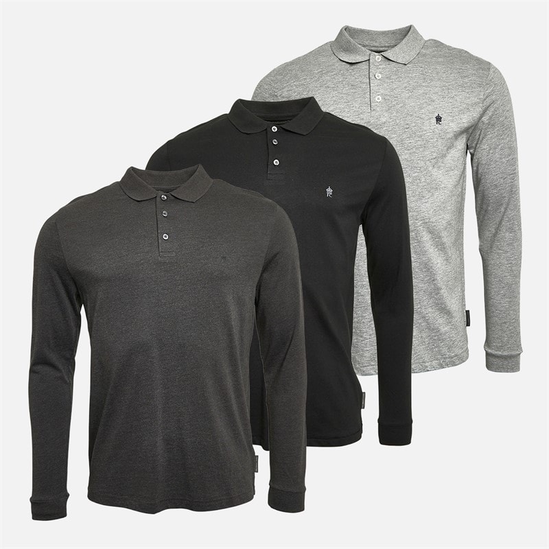 French Connection Mens Three Pack Long Sleeve Polo Shirts Black/Charcoal Melange/Light Grey Marl - Image 1