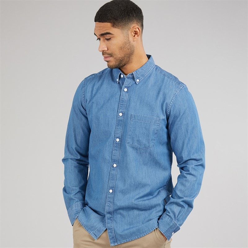 Mens Long Sleeve Denim Shirt Mid Wash - Image 1