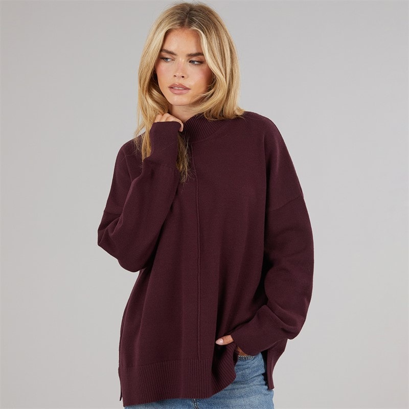 Womens Cosy Mock Centre Jumper Burgundy Red - Image 3