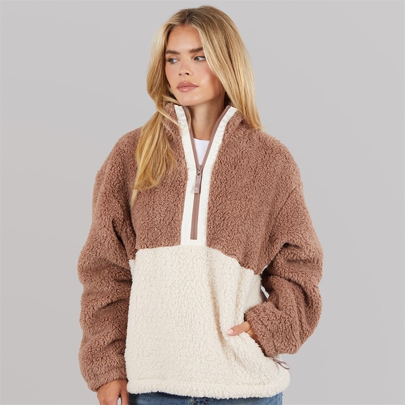 Womens Borg Block 1/2 Zip Fleece Mocha/Oatmeal - Image 1