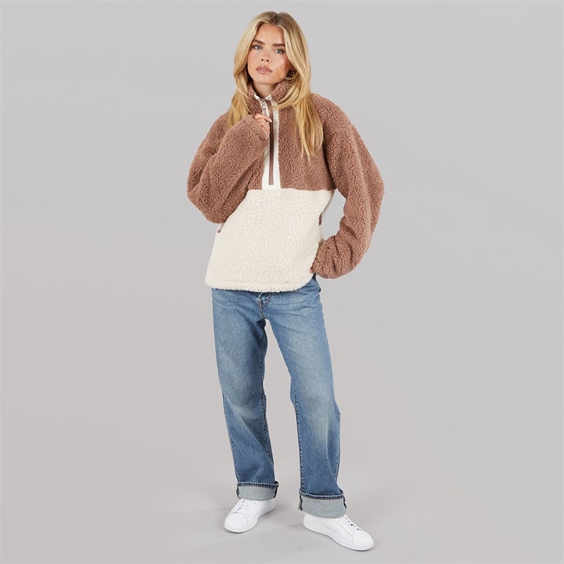 Womens Borg Block 1/2 Zip Fleece Mocha/Oatmeal - Image 4