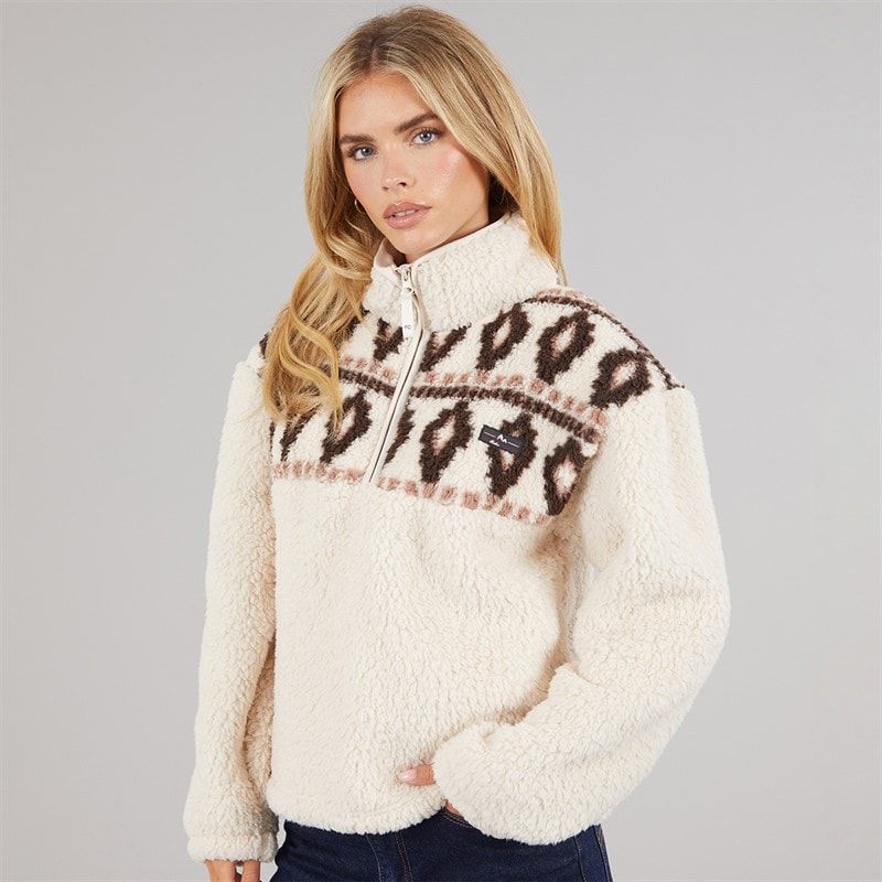 Womens Borg Fairisle Zip Fleece Oatmeal - Image 3