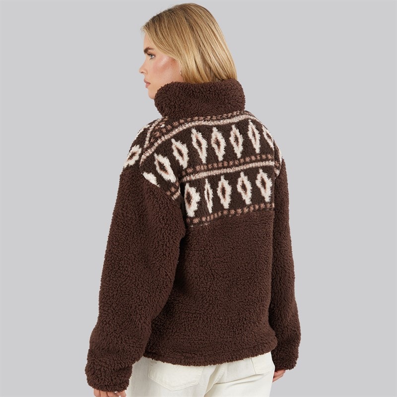 Womens Borg Fairisle Zip Fleece Chocolate - Image 2