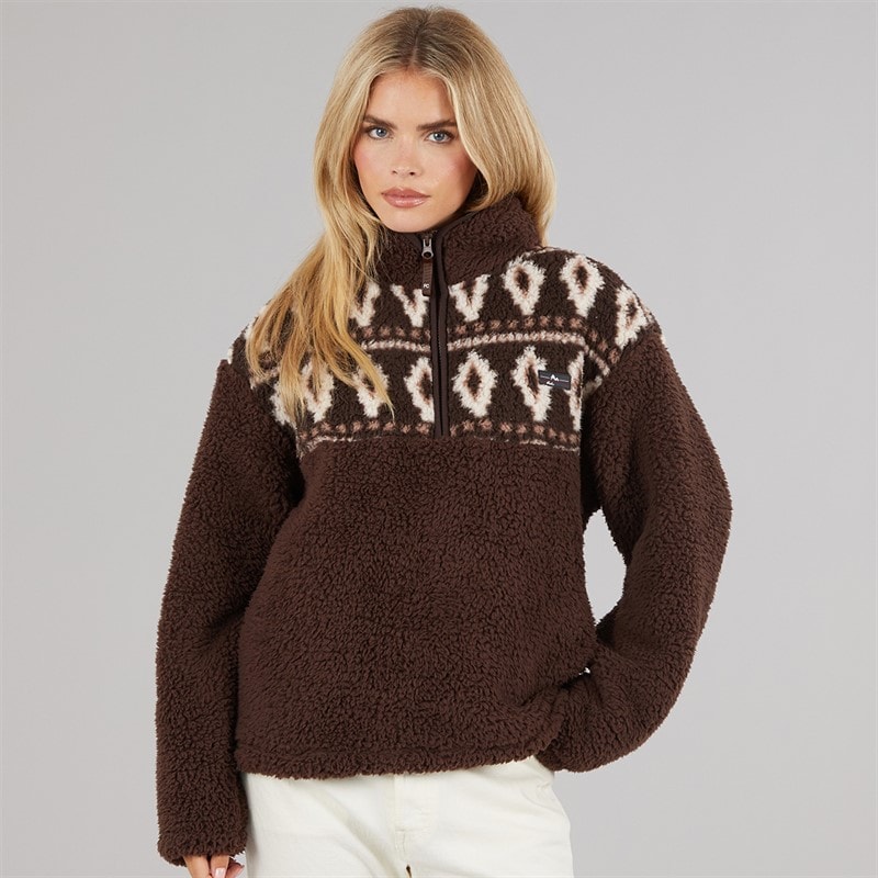 Womens Borg Fairisle Zip Fleece Chocolate - Image 3