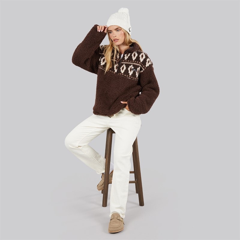 Womens Borg Fairisle Zip Fleece Chocolate - Image 4