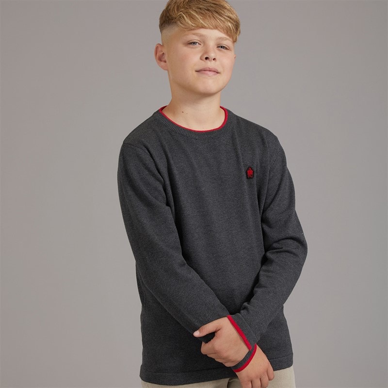 Boys Plain Tipped Knitted Jumper Charcoal Melange/Red - Image 1